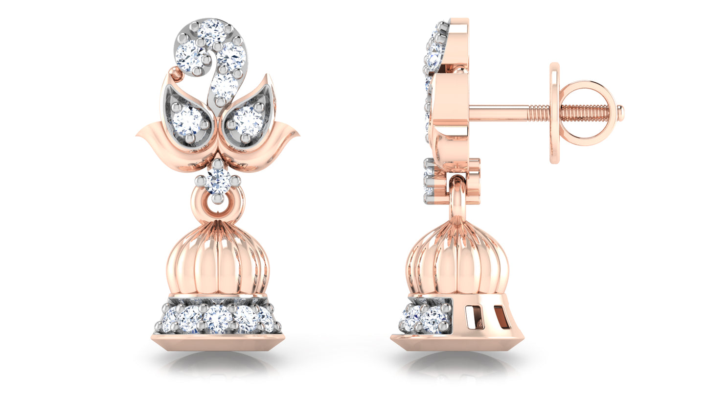 Bells Synthetic Diamond Rose Gold Danglers  Front and Side View