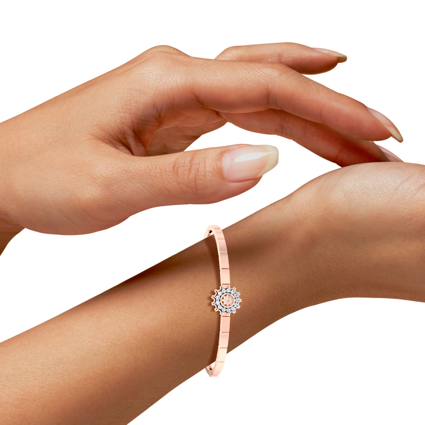 A Girl Wearing Radiant Wrist Synthetic Diamond Rose Gold Bracelet .Best Lab Grown Diamond Jewelry in Chennai