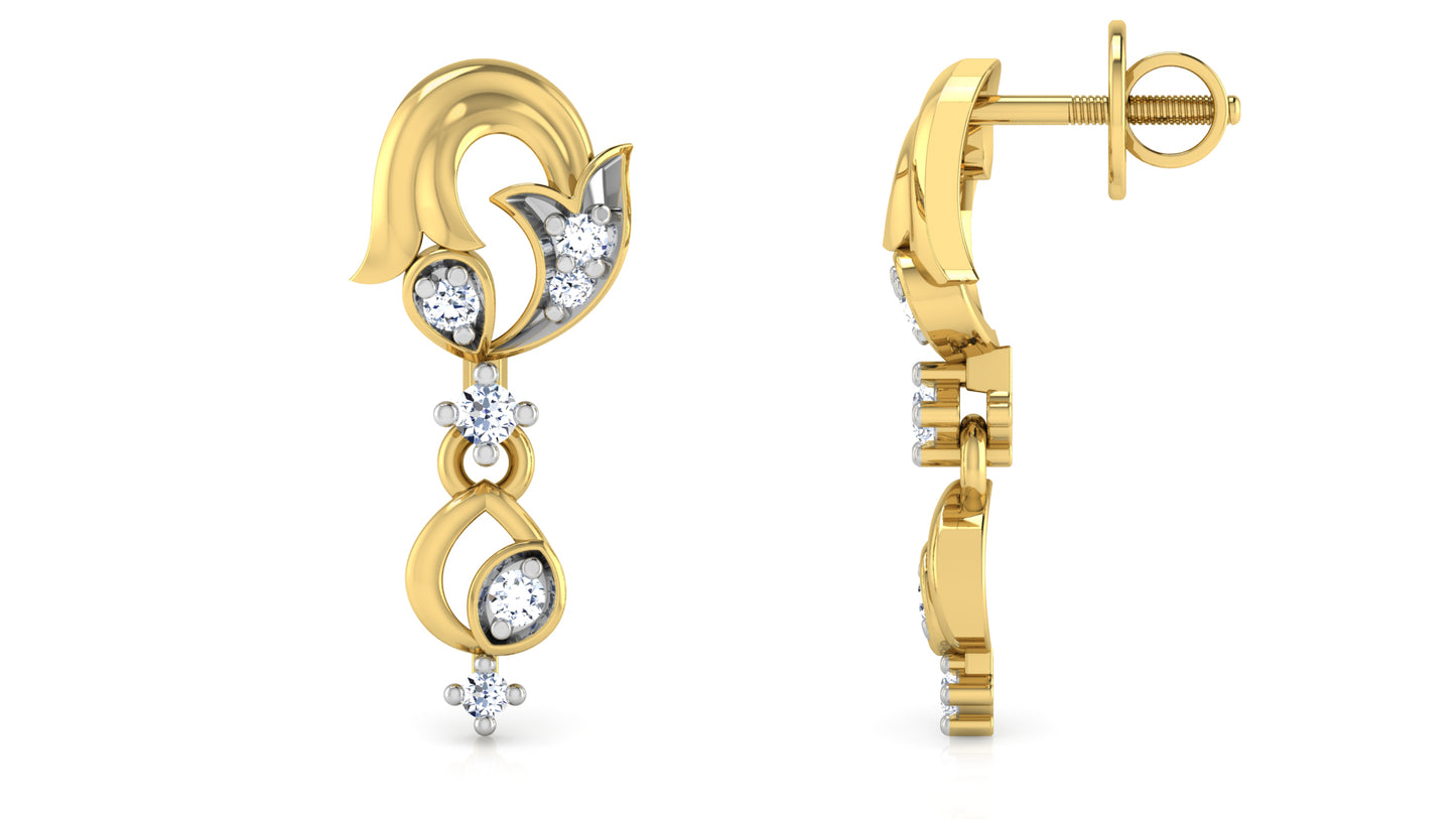 Tulip Fusion Artificial Diamond Gold Danglers Front and Side View