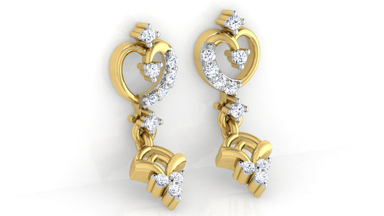 Thumping Hearts Synthetic Diamond Gold Danglers Bottom View . Best Lab Grown diamond in chennai