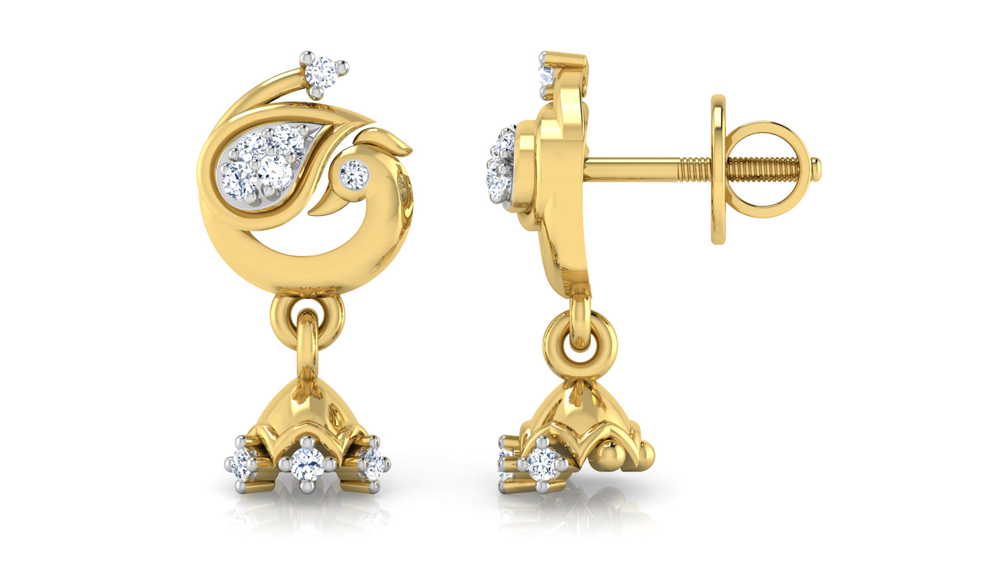 Bird Bliss Synthetic Diamond Gold Danglers Front and Side View .Best Synthetic Diamond Jewelry in Chennai 