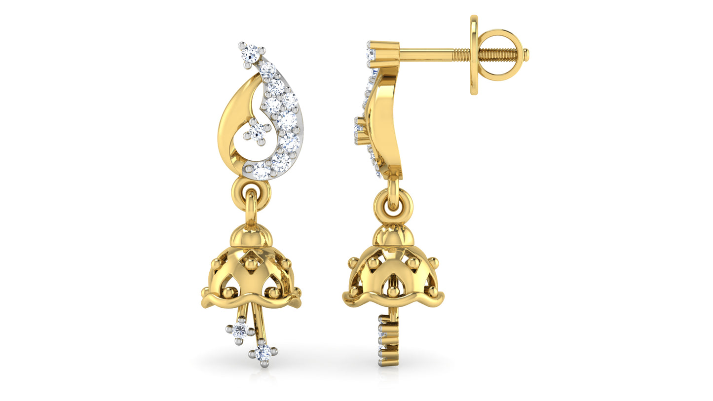 Chiming Bells Lab Grown Diamond Gold Danglers Front and Side View .Best Lab Grown Diamond Jewelry in Chennai