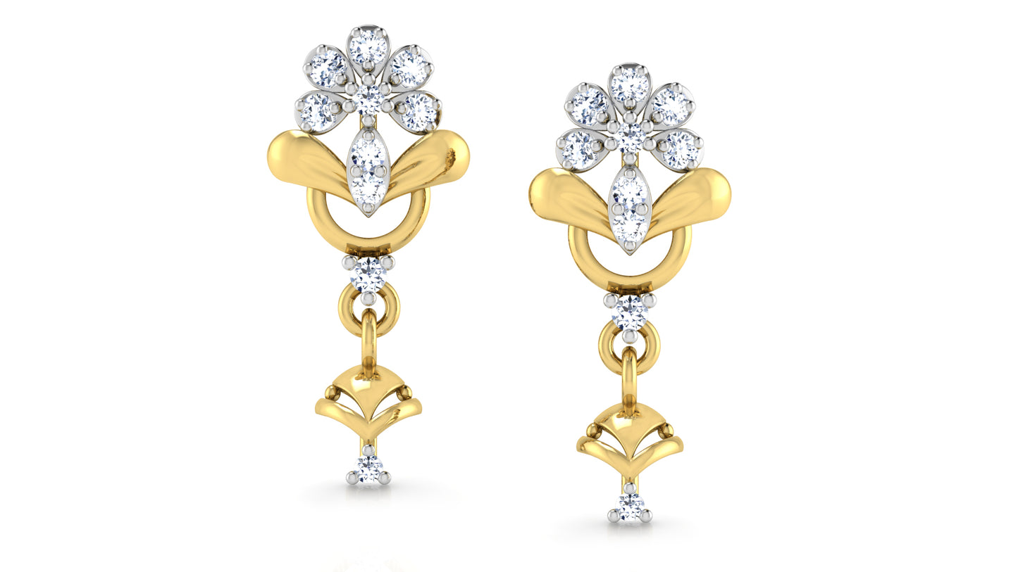 Floral Charms Lab Grown Diamond Gold Danglers Front View