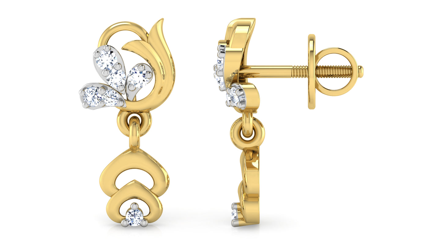 Trumpet Flower Artificial Diamond Gold Danglers Front and Side View