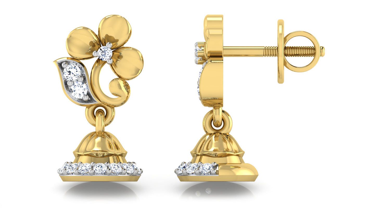 World of Bells Lab Grown Diamond Gold Danglers Front and Side View