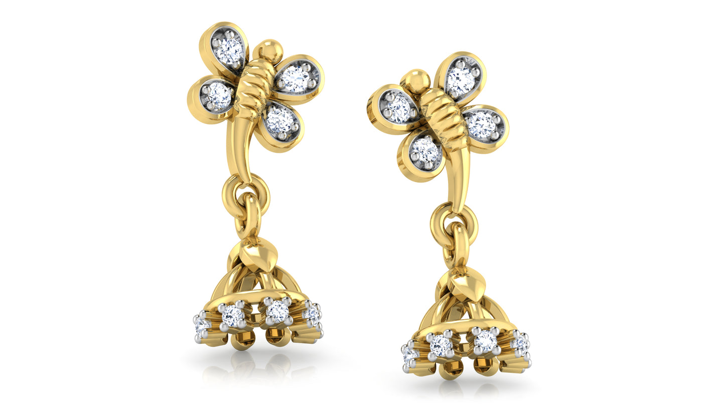 Butterfly Bellantina Diamond Gold Danglers front  view Lab grown diamond jewelry